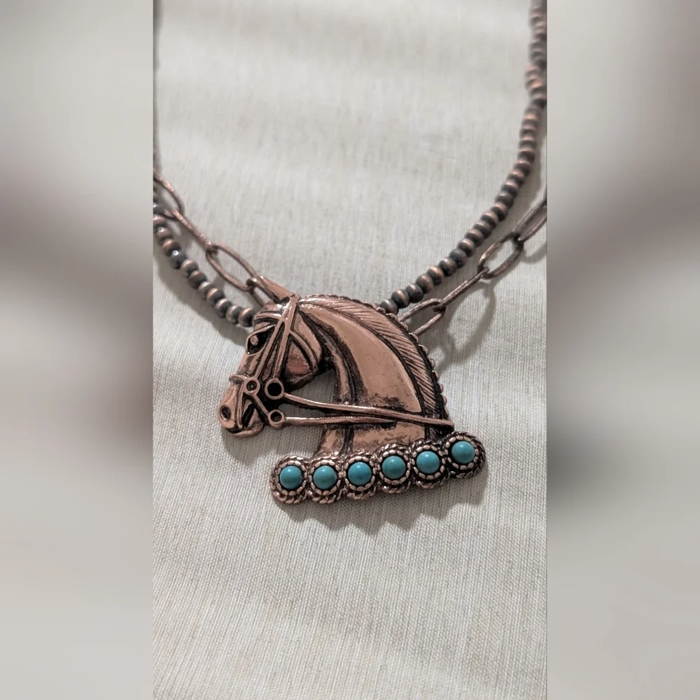 Bronze and Turquoise Horse Pendant Necklace